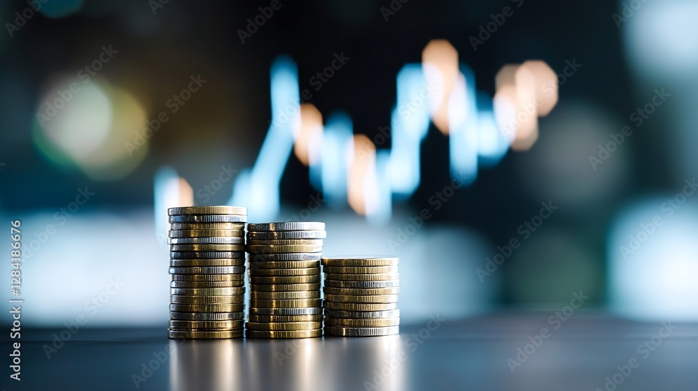 Poster piles of gold coins stacked on a table with a blurred background depicting financial growth and inve