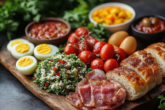 Traditional Easter breakfast: boiled egg, fried meat, vegetables and fresh bread.