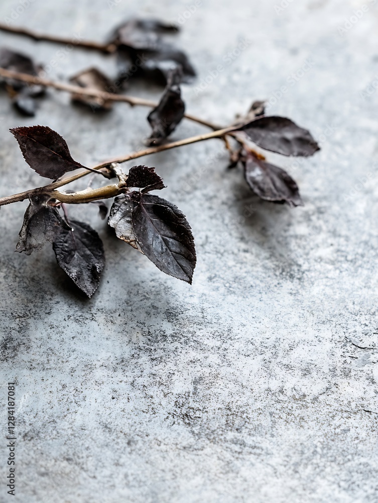 Poster closeup view of dark dry leaves on rough stone background in artistic arrangement : generative ai