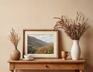 Empty wooden picture frame mockup hanging on beige wall background. Boho shaped vase, dry flowers on table. Cup of coffee, old books. Working space, home office. Art, poster display. Modern interior.