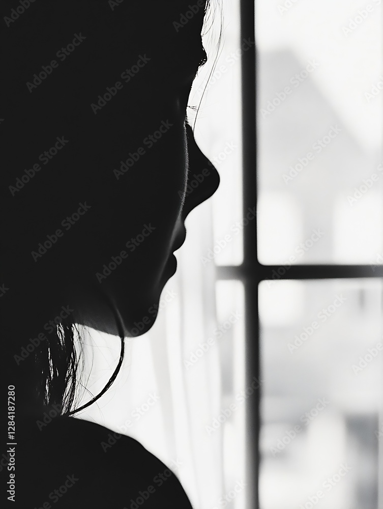 Poster Profile silhouette of a contemplative woman gazing through a window creating a feeling of introspection : Generative AI