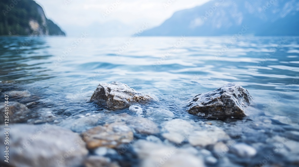 Aufkleber serene water surface with smooth stones and mountains in the background surrounded by nature : gener