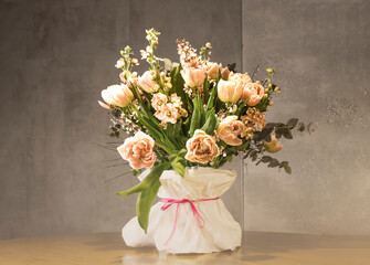bouquet of pink tulip  flowers in a vase