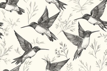 Obraz premium Hummingbirds flying amidst floral branches, seamless pattern, textile print