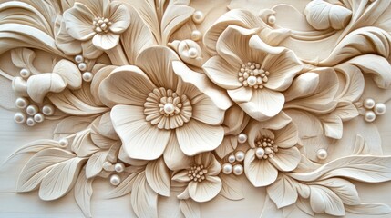 Elegant carved floral wall art, pearl accents, cream tones, interior design