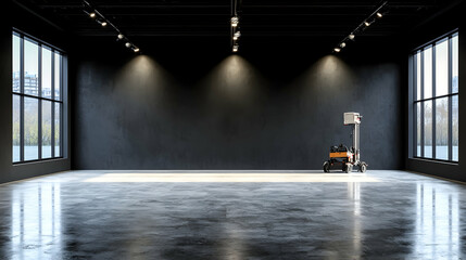Empty industrial space, city view, robot, concrete floor
