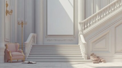 Elegant White Staircase with Ornate Balustrade and Pastel Pink Vintage Chair