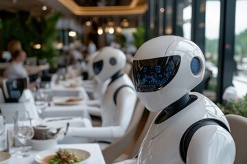 Descriptive scene showing futuristic robots dining in a chic restaurant, emphasizing the integration of technology in everyday life and the potential of robotics in hospitality.