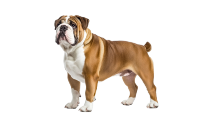 Bulldog stands proudly with strong posture indoors