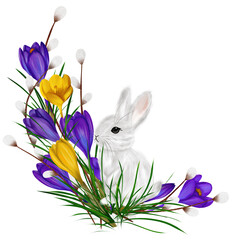 Easter composition with a rabbit violet and yellow crocuses, colourful eggs, willow vines. Watercolor digital illustration. For decoration textiles, wallpaper, wrapping paper, covers, postcards