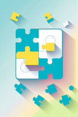 In the image, the background is a 3D puzzle in pastel colors of blue, yellow, green and white, partially assembled on the wall, with some pieces floating or lying on the surface below.
