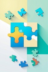 Fototapeta premium In the image, the background is a 3D puzzle in pastel colors of blue, yellow, green and white, partially assembled on the wall, with some pieces floating or lying on the surface below.