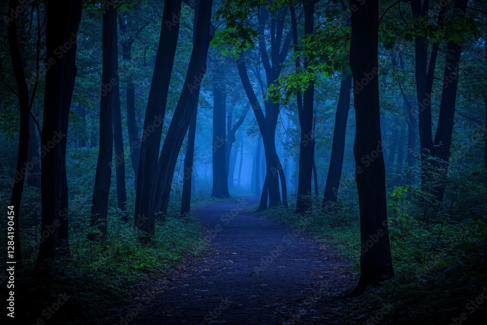 Aufkleber enchanted misty forest path lined with tall trees in twilight glow