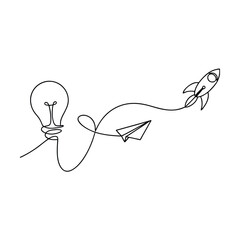 Continuous Line Art Idea, Innovation, Startup, Rocket, Launch, Paper Plane, Flight, Vision, Growth, 