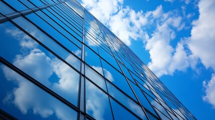 Stunning Reflection of Clouds on a Modern Glass Building in Bright Blue Sky : Generative AI