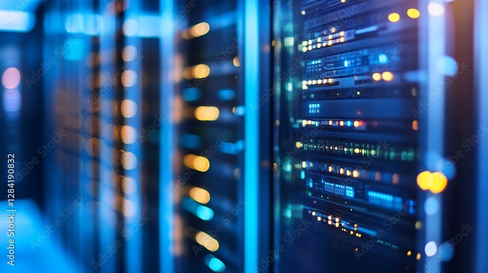 Poster hightech data center servers with glowing leds representing modern technology and networking solutio