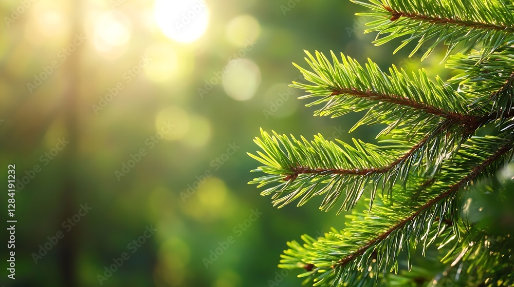Poster Close up of vibrant green pine tree branches in bright sunlight creating a serene nature background : Generative AI