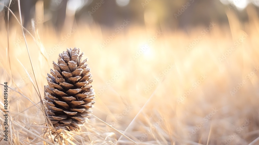Poster closeup of a pine cone resting gently on dried grass in a sunlit meadow : generative ai