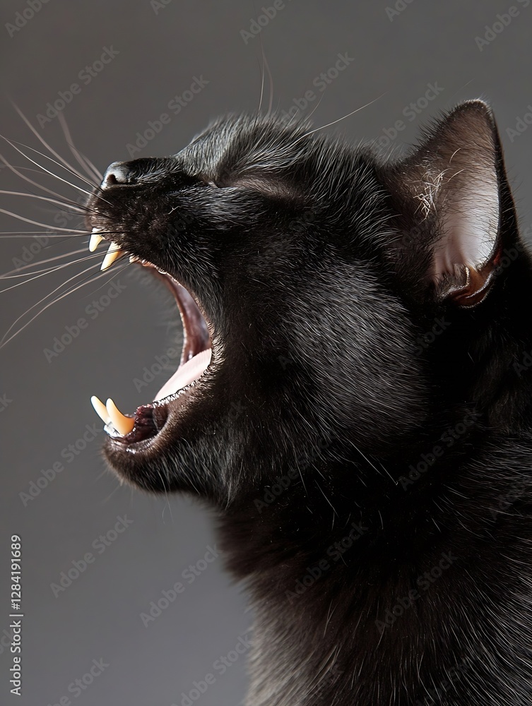 Aufkleber Black cat with fierce expression yawning widely showing sharp teeth against a dark background : Generative AI