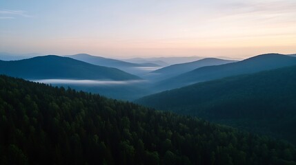 Fototapeta premium Majestic View of Rolling Green Hills and Misty Valleys during the Early Morning Light : Generative AI