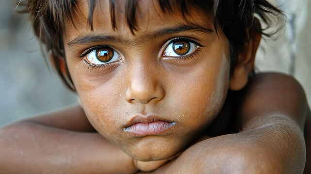 Pitiful Indian child waiting for assistance in a desolate environment during the daytime, A pitiful and poor Indian child Waiting for help From poverty to a sad and hopeless expression
