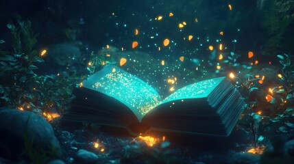 Naklejka premium Glowing Book Rests Amidst Enchanting Forest Night