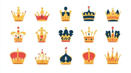 Icon set of crown, king, royal, golden, royalty, queen, princess, authority, emperor, majestic. Icons, flat vector illustrations, isolated on white, transparent background