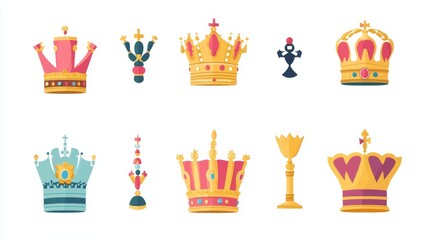 Icon set of crown, king, royal, golden, royalty, queen, princess, authority, emperor, majestic. Icons, flat vector illustrations, isolated on white, transparent background