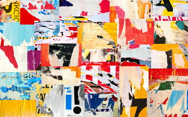 Collage of many numbers and letters on fly posters ripped torn advertisement street posters grunge...