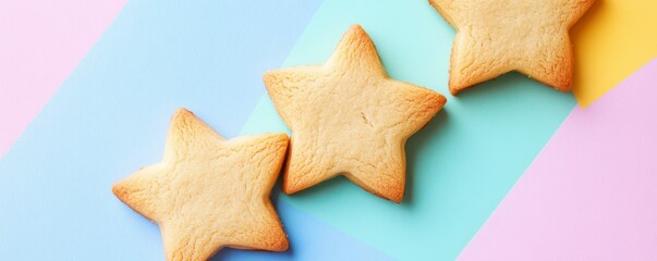 Star-shaped sugar cookies on colorful pastel background