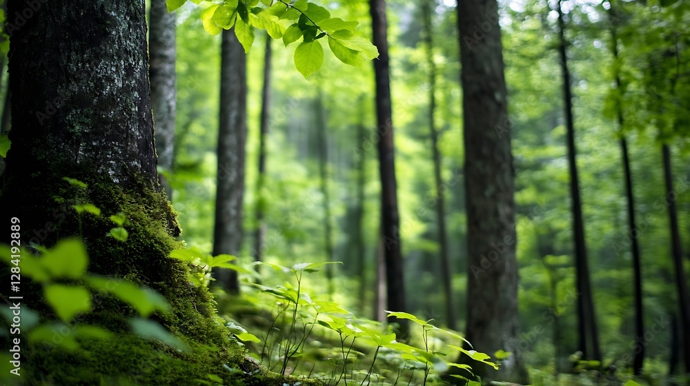 Poster lush green forest with tall trees and vibrant foliage in the heart of nature : generative ai