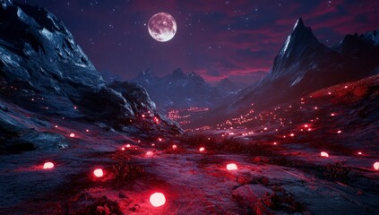 Fantasy Landscape with a Red Moon and Lava Rivers