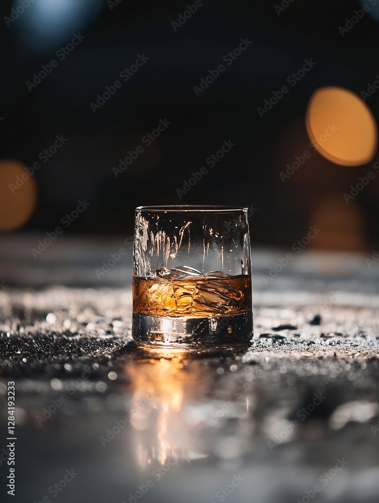 Poster Elegant glass of whiskey on a reflective surface with warm ambient light creating a cozy atmosphere : Generative AI