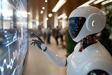 A modern robot engages with a graphical data interface, emphasizing the blend of artificial intelligence and real-world application in contemporary settings.