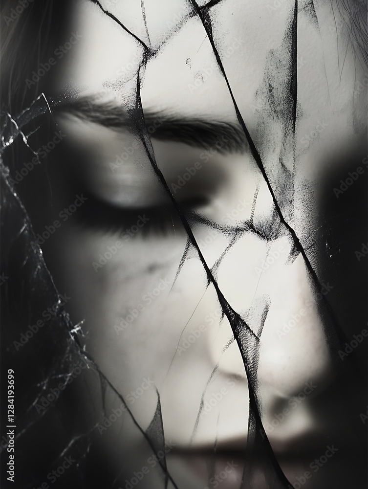 Poster artistic representation of a woman's face behind a shattered mirror illustrating vulnerability and p