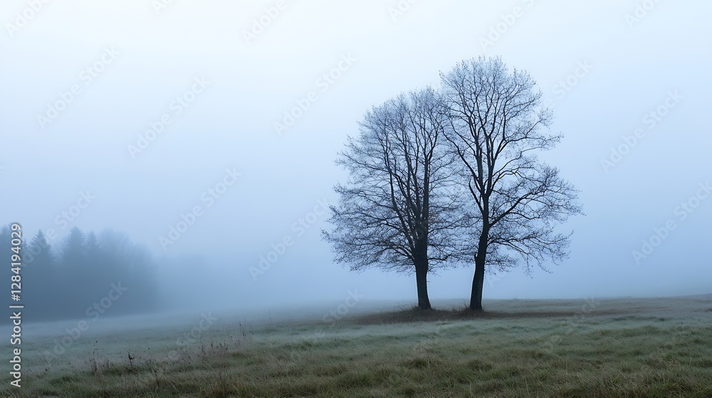 Poster mysterious two trees standing in foggy field at dawn : generative ai