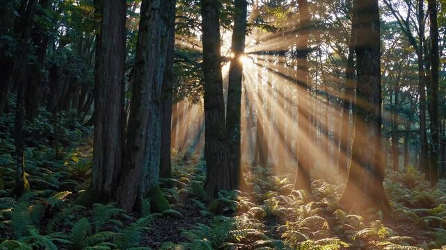 Slow Motion Beautiful Magical Sunrise in the Forest &ndash; Sun&rsquo;s Rays Piercing Through Misty Trees, Ethereal Glow in Lush Rainforest, Serene Morning Atmosphere, Enchanting Light and Shadows, Mystical 