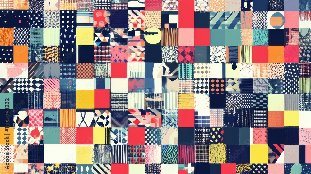 Poster colorful abstract patchwork with geometric patterns and diverse textures