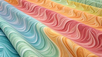 Artistic rainbow pastel textile with a handcrafted marbled pattern, displaying soft waves of color....