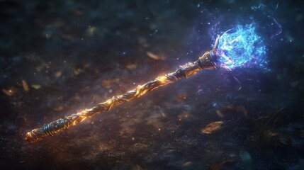 Glowing ornate staff rests on dark ground