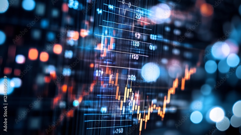 Poster Dynamic abstract stock market graphic showing colorful data trends and financial analytics on a digital display : Generative AI