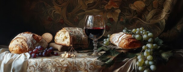 Rustic bread and wine with grapes on ornate tablecloth in classical still life