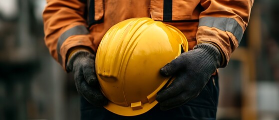 Close-up of worker's hands holding yellow hard hat.