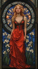 woman flowing red dress stands gracefully front of stained glass window adorned with flowers. vibrant colors and intricate design create