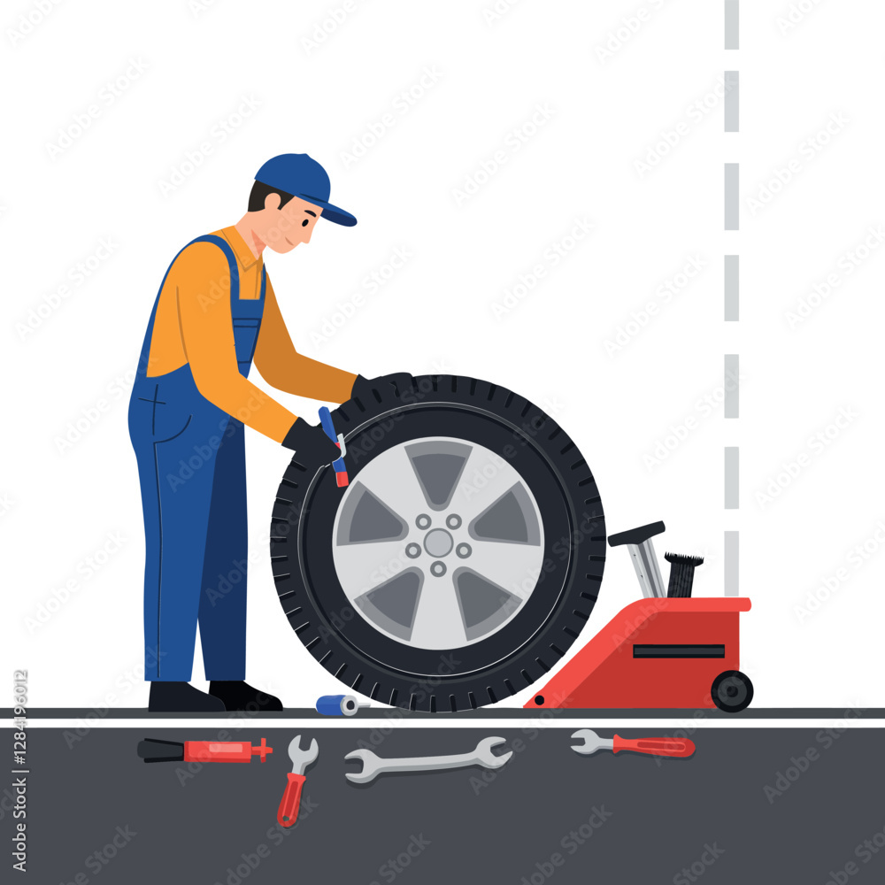 Poster a mechanic in blue overalls changing a tire using tools on a workshop floor in flat vector art