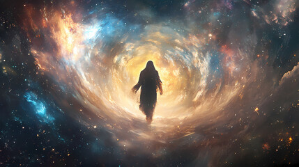 A mysterious figure shrouded in swirling cosmic light, embodying the essence of the universe's wonders and mysteries. Dreamlike Ephemeral Apparition. Illustration
