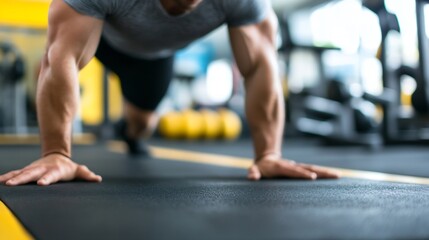 Fototapeta premium Dedicated Male Athlete Doing Push Ups in Modern Gym Environment : Generative AI