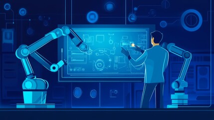 Robotic Arm Programming on Digital Screen by Engineer in Blue Tones