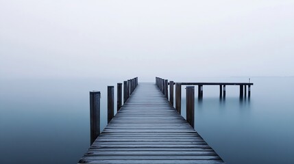 Obraz premium Serene View of a Wooden Pier Stretching into a Calm Misty Lake on a Cloudy Day : Generative AI