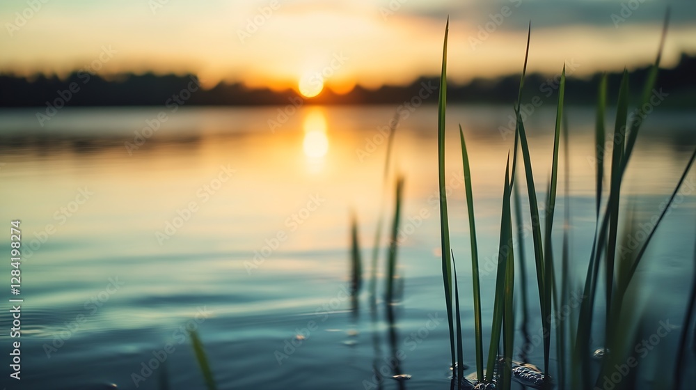 Poster closeup of water with seagrass during sunset creating a serene lakeside view : generative ai